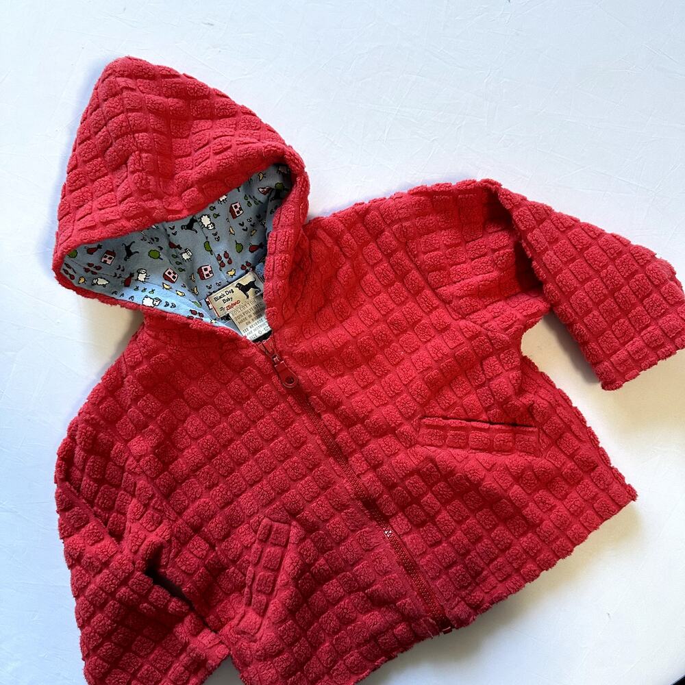 Vintage 90s Black Dog Baby By Zutano Farm Print Hooded Red Zip Up Sweater